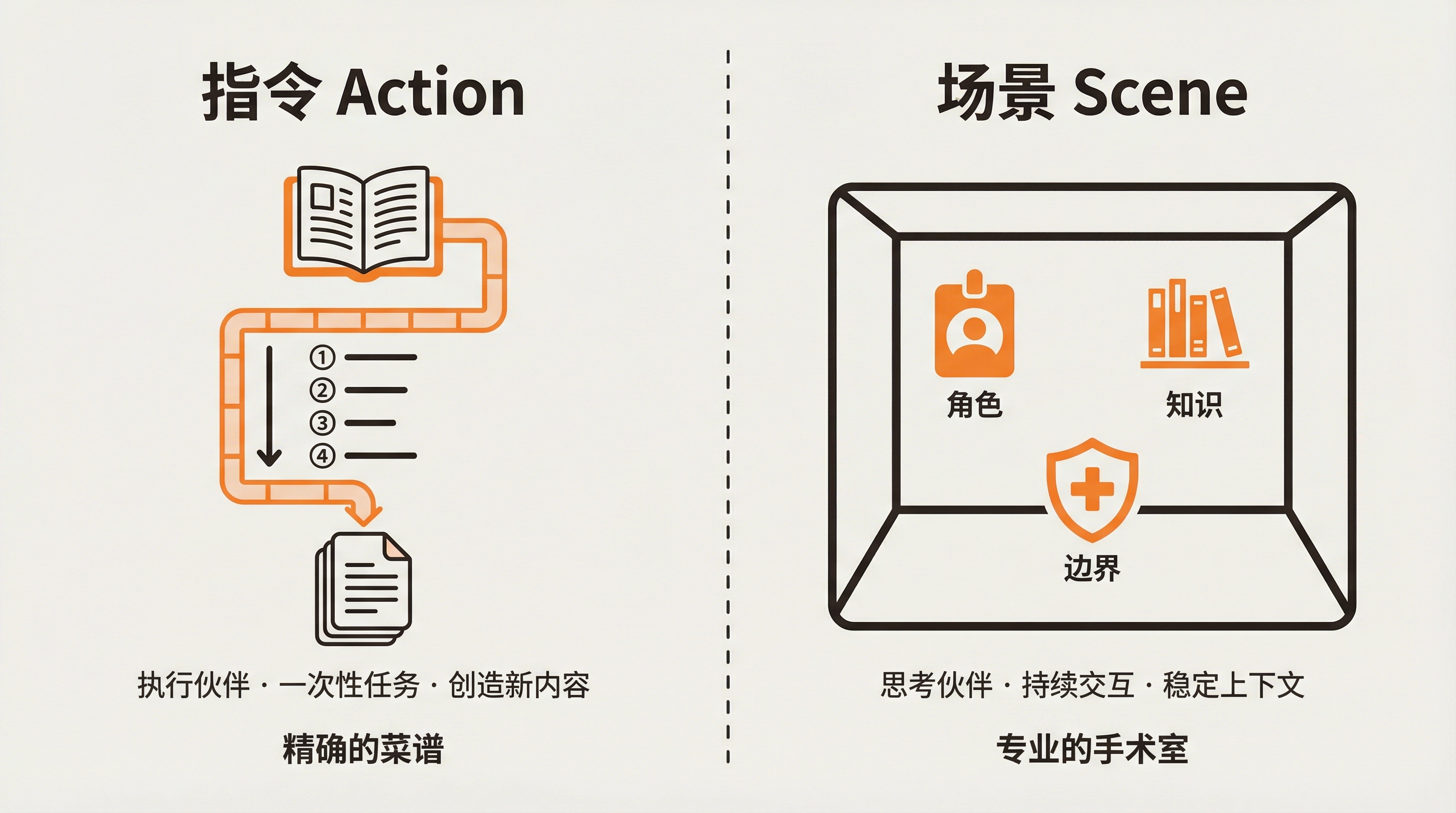 指令像精确的菜谱按步骤输出结果，场景像专业手术室提供角色、知识和边界