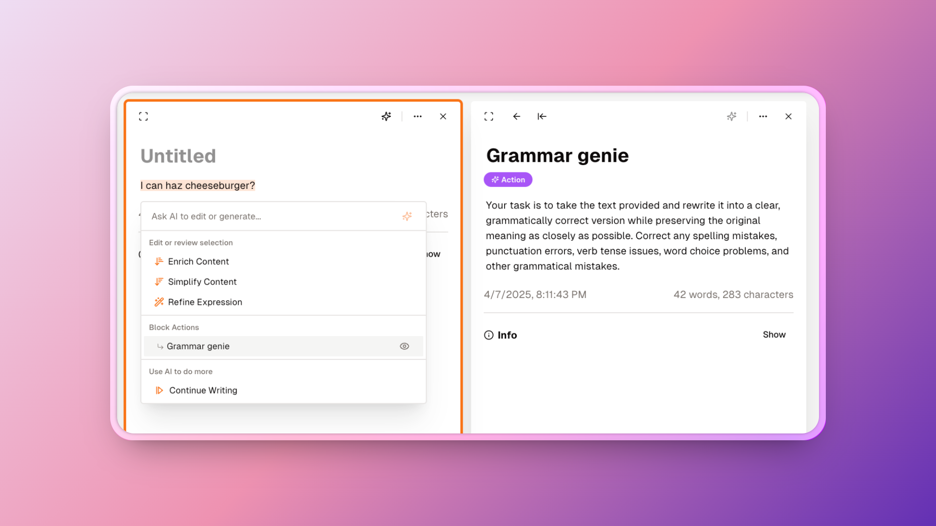 Action Usage Logic - Shows the process of using actions for text generation and multimedia creation