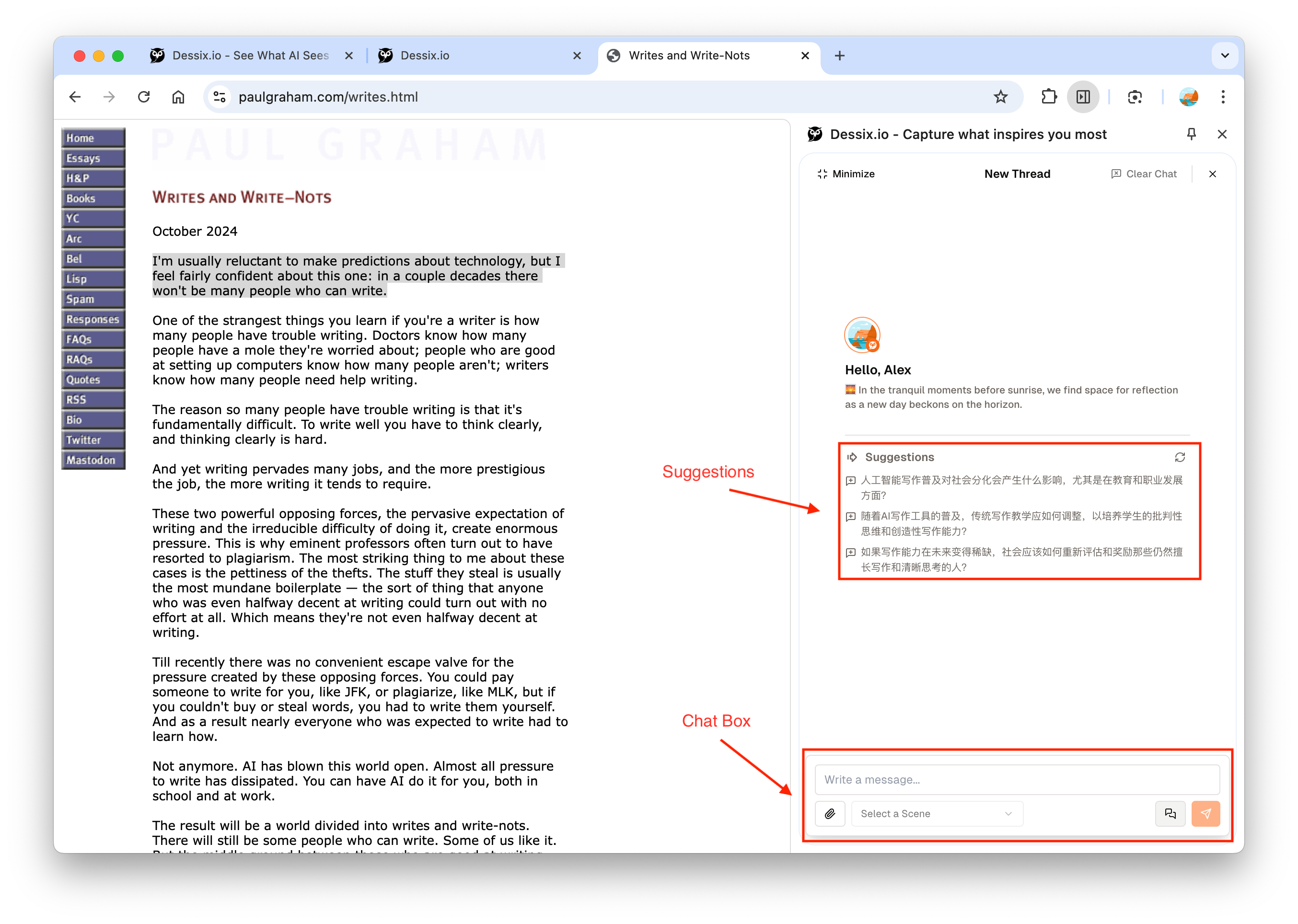 聊天入口区域图 - 展示插件底部的聊天界面,显示与当前网页相关的对话示例