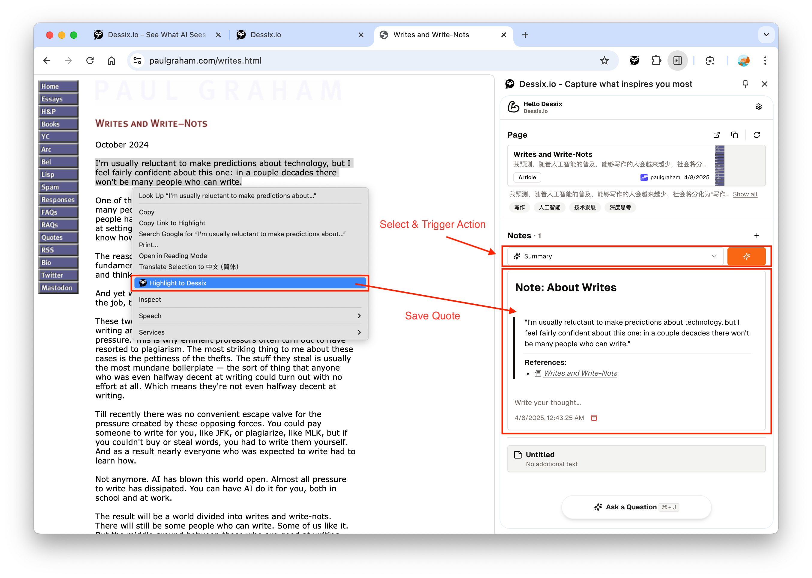 关联内容区域图 - 展示与当前页面相关的笔记和处理结果列表,突出显示关联功能