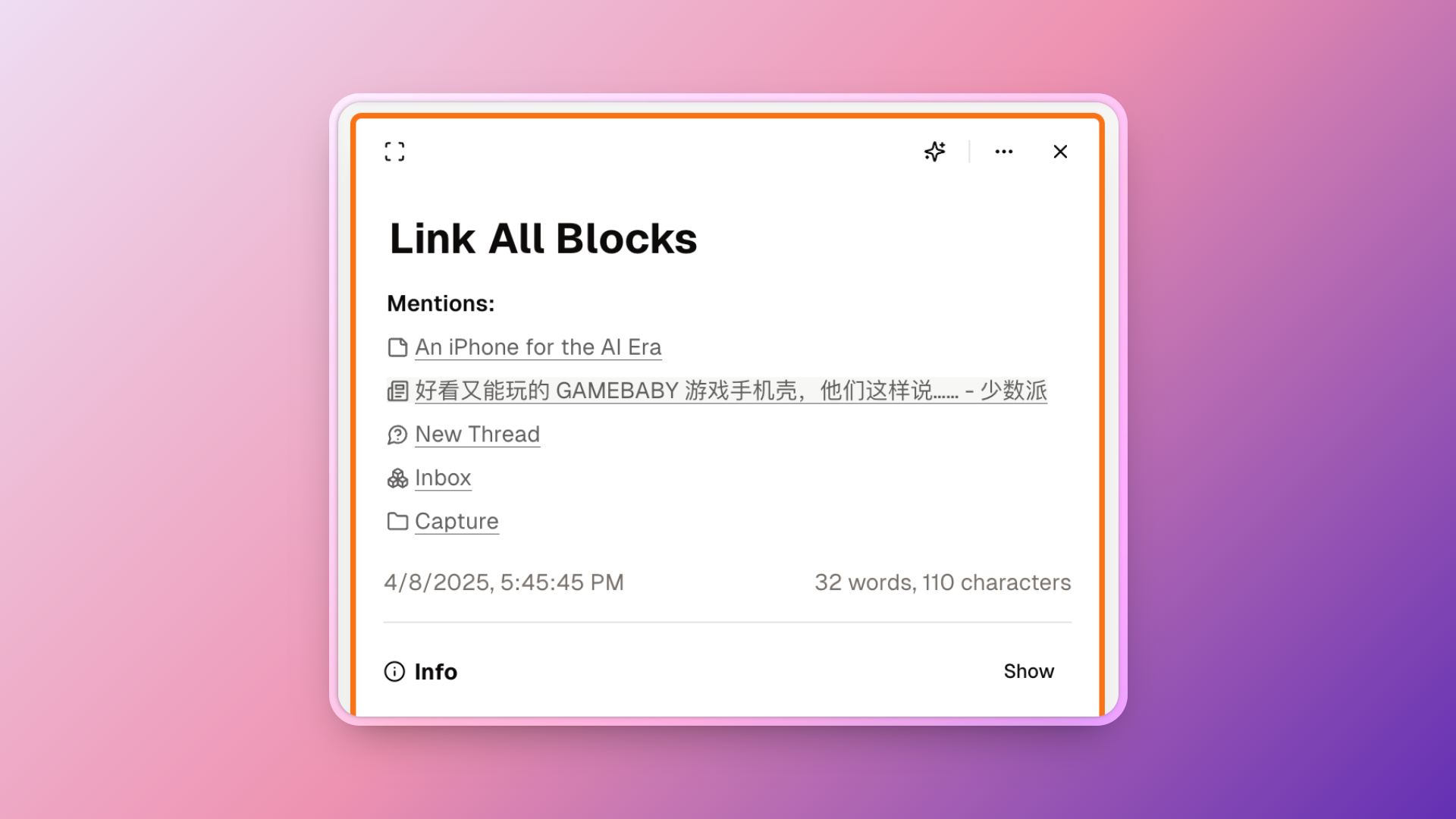 Structured Links - Network of Associations Between Different Types of Blocks