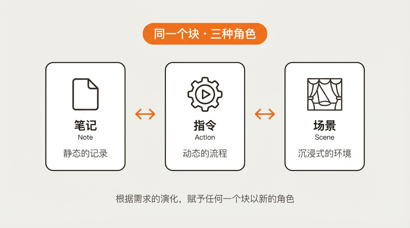 同一个块可以在笔记、指令、场景三种角色之间自由切换