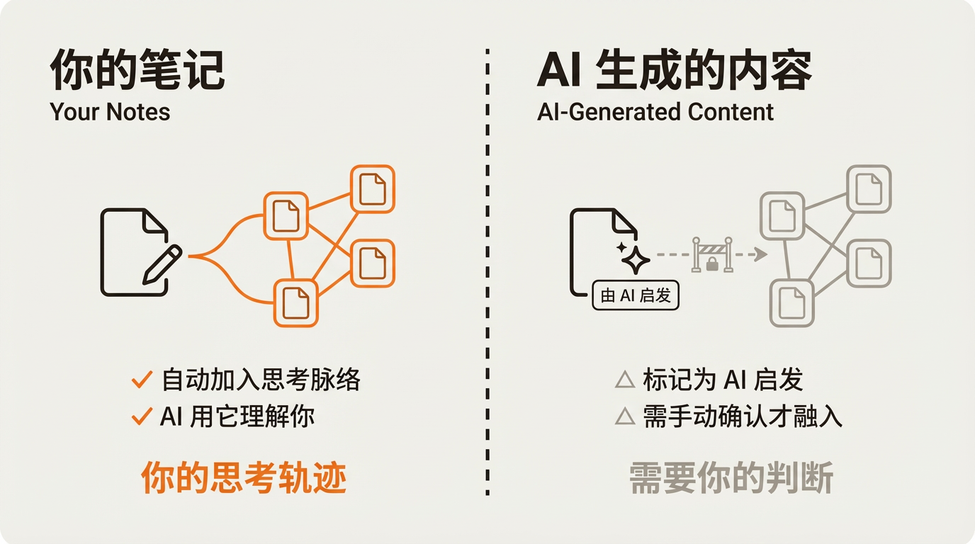 你的笔记自动加入思考脉络,AI 生成的内容需要手动确认后才融入