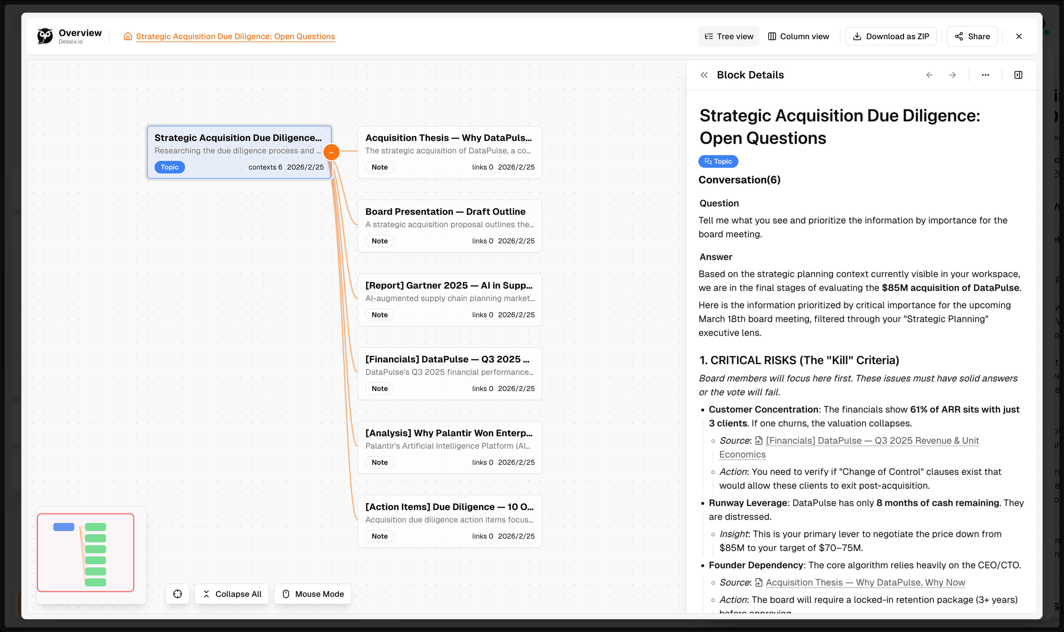 Overview showing all notes connected to a topic, with the right panel displaying AI's structured analysis based on visible context