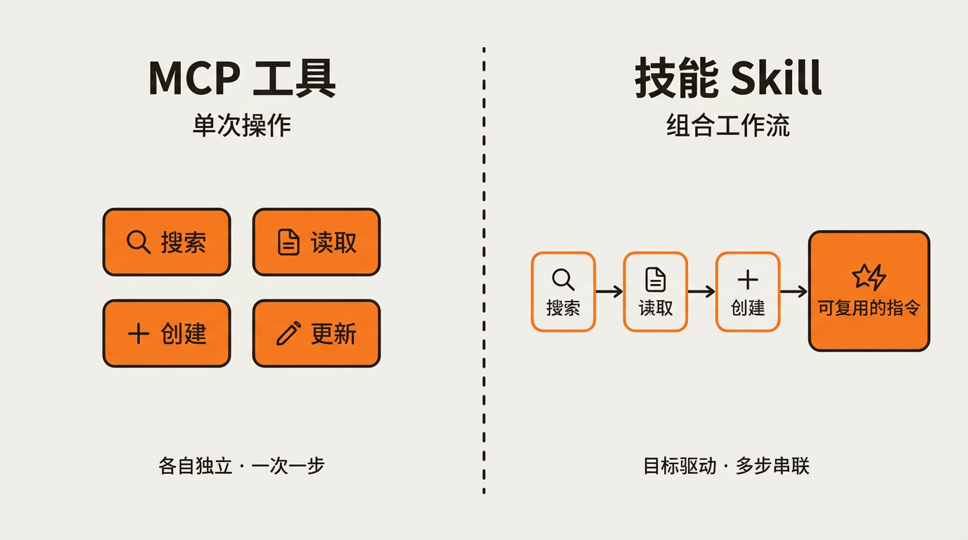 MCP 工具是独立的单次操作，技能将多个工具串联成目标驱动的组合工作流